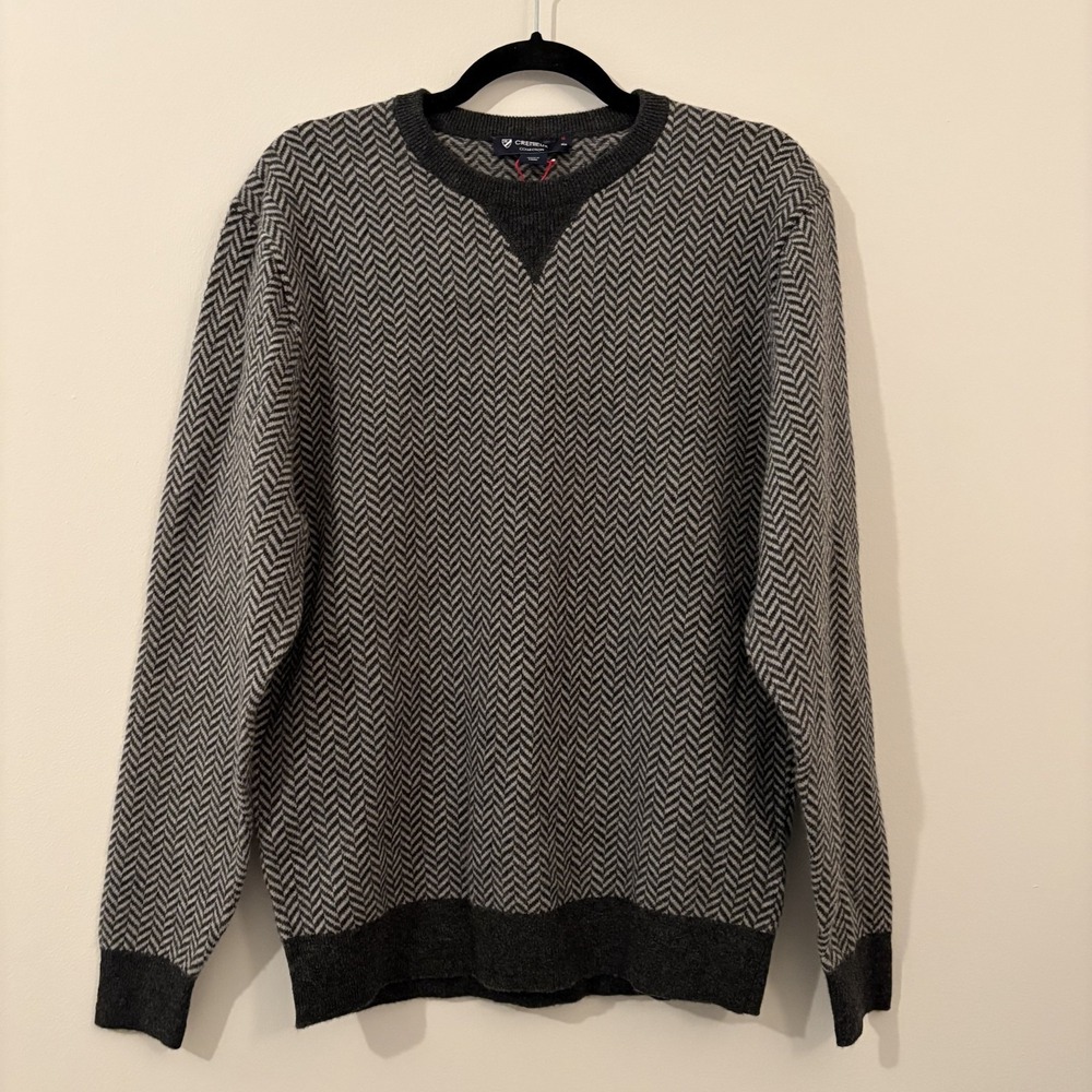 Cremieux 100% Extra Fine Merino Wool Sweater Mens M Gray Herringbone Crew Neck